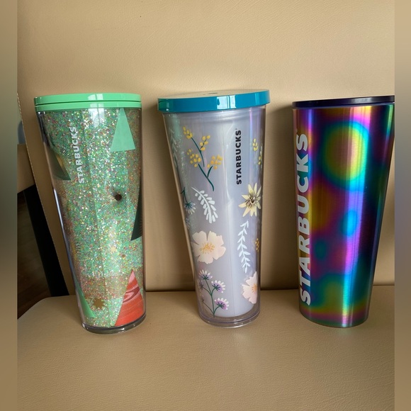 Starbucks Quetzal Bird Flowers Oil Slick & xmas Vinti Tumblers W/ lid. No straws - Picture 2 of 9